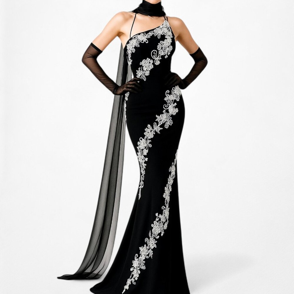 Vintage Y2K Black White Floral Beaded One Shoulder Silk Maxi Prom Dress Size M